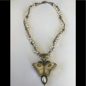 Pearl and Peridot Butterfly Pendant Necklace - White and Green
